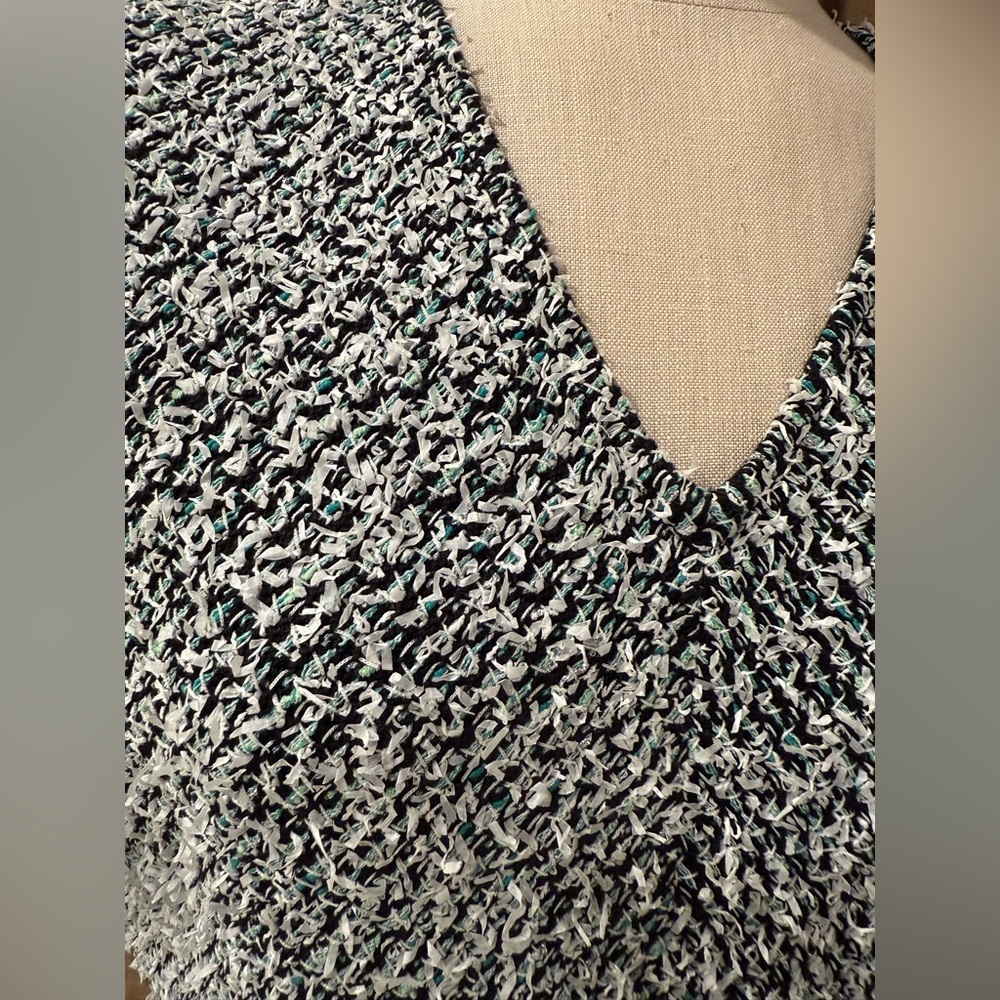 NWT St. JOHN Size 14 Multi Black White Mint Cap Sleeve V-Neck Dress Empire Waist - Picture 15 of 16